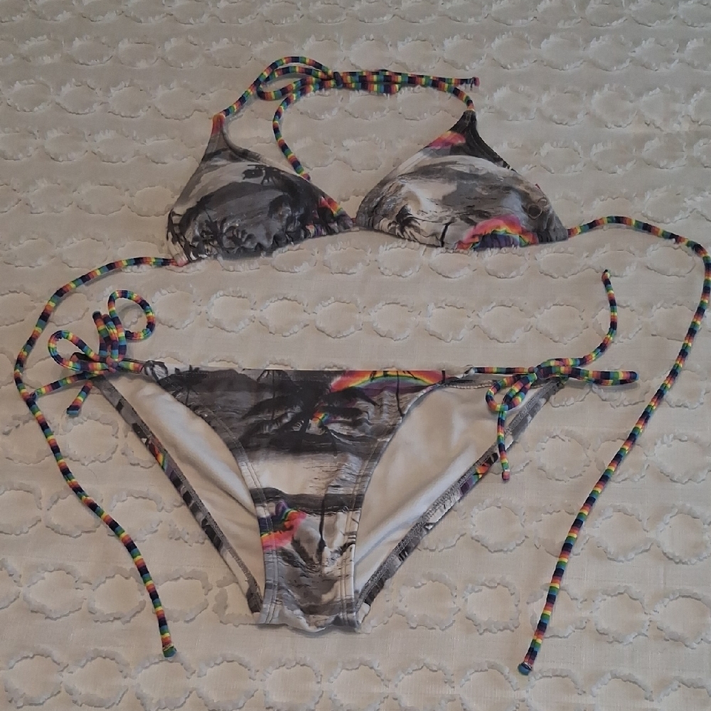 OP Coral Grey Bikini Swimwear with Artistic Floral Print